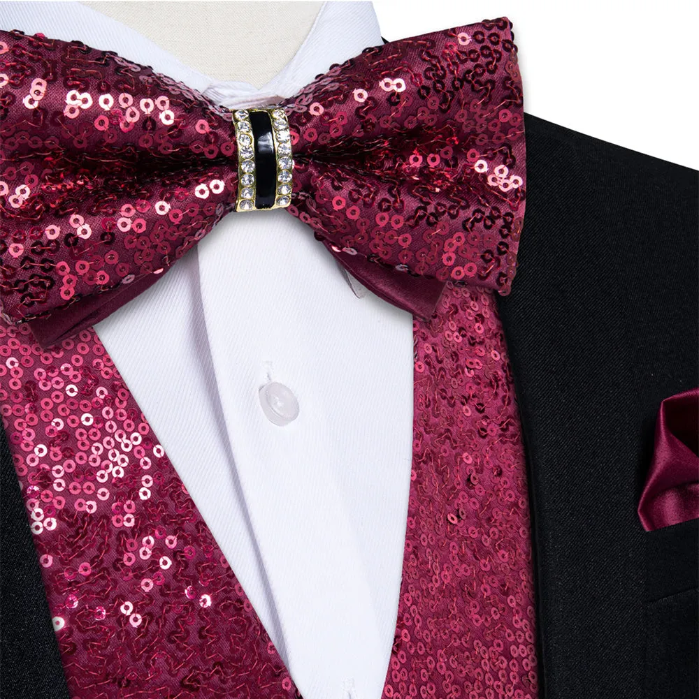 Ties2you Burgundy Sequins Silk Men's Vest Hanky Cufflinks Bowtie Set sold by Ties2You