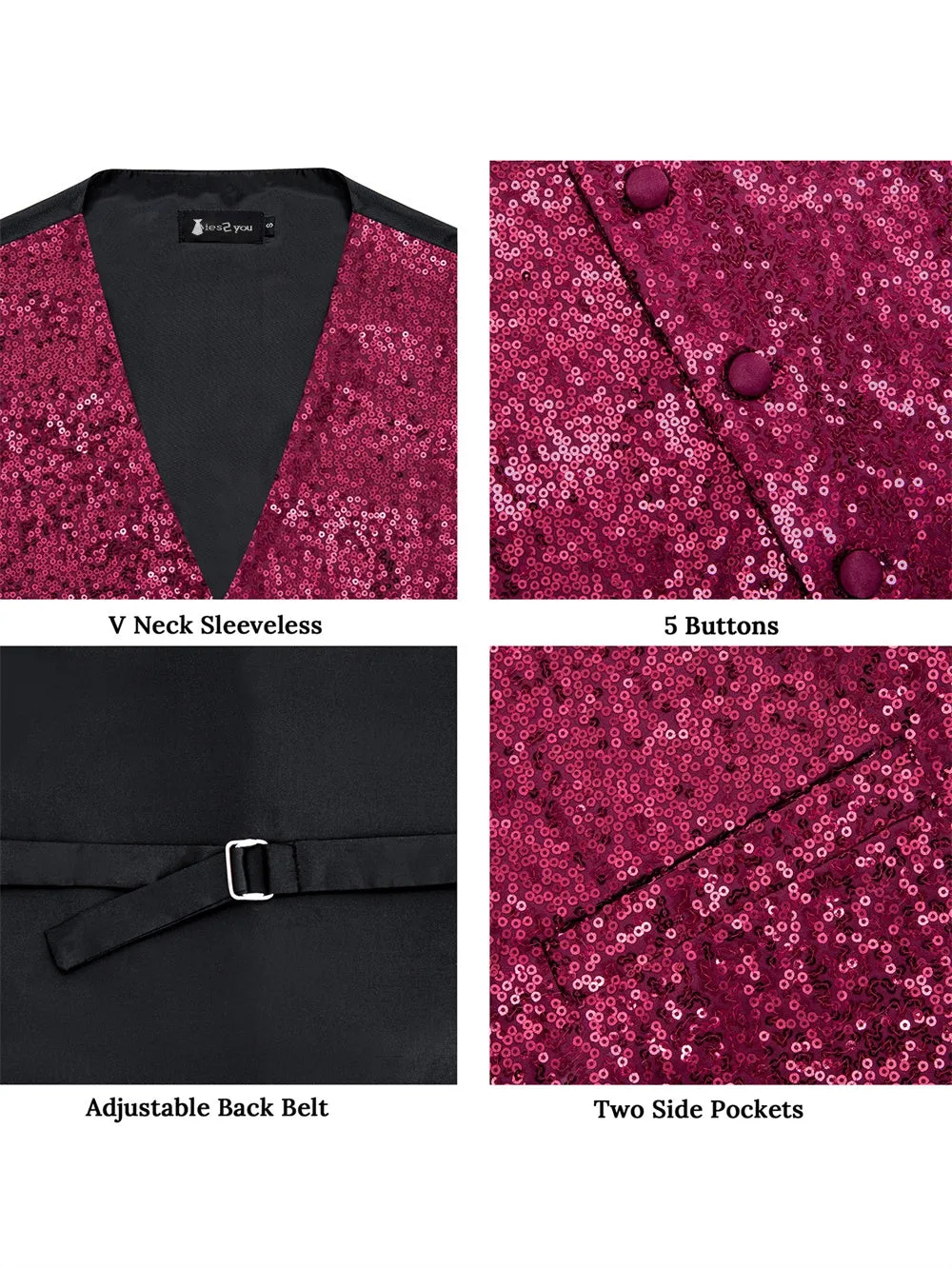 Ties2you Burgundy Sequins Silk Men's Vest Hanky Cufflinks Bowtie Set sold by Ties2You product image thumbnail 4