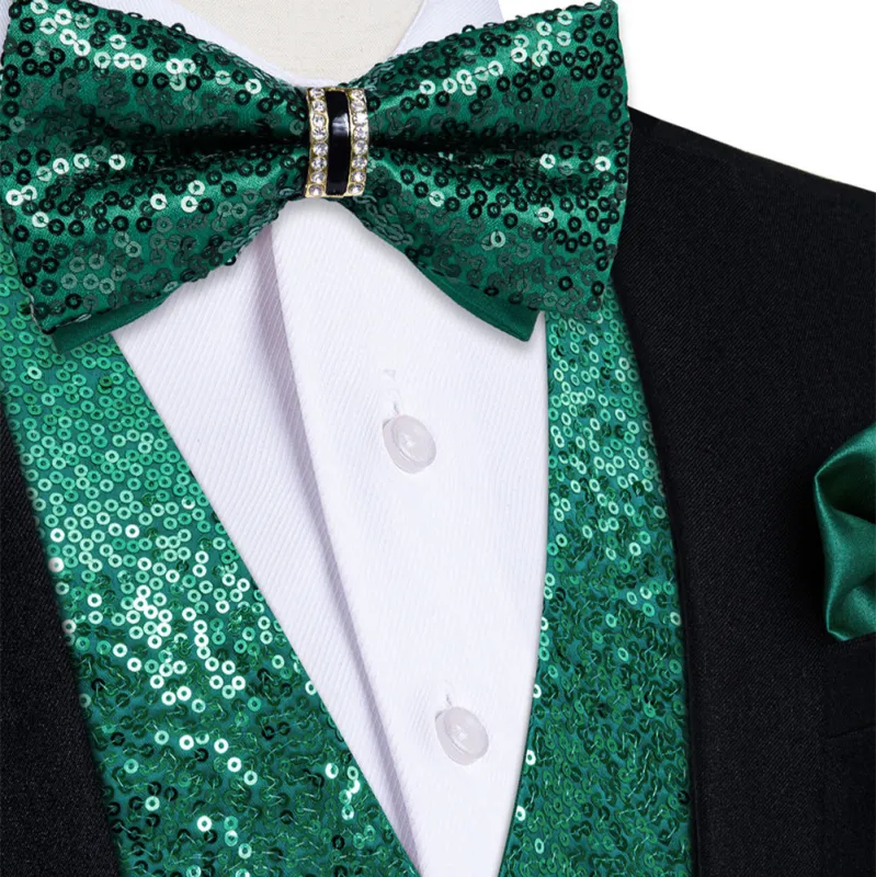 Ties2you Hunter Green Sequins Silk Men's Vest Hanky Cufflinks Bowtie Set sold by Ties2You