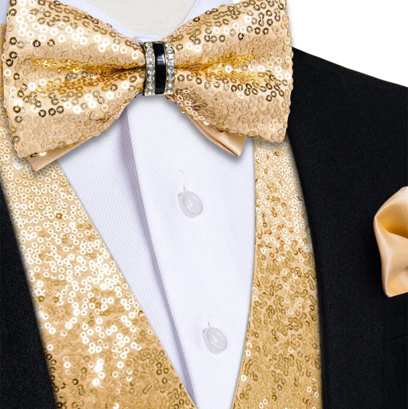 Ties2you Champagne Sequins Silk Men's Vest Hanky Cufflinks Bowie Set sold by Ties2You