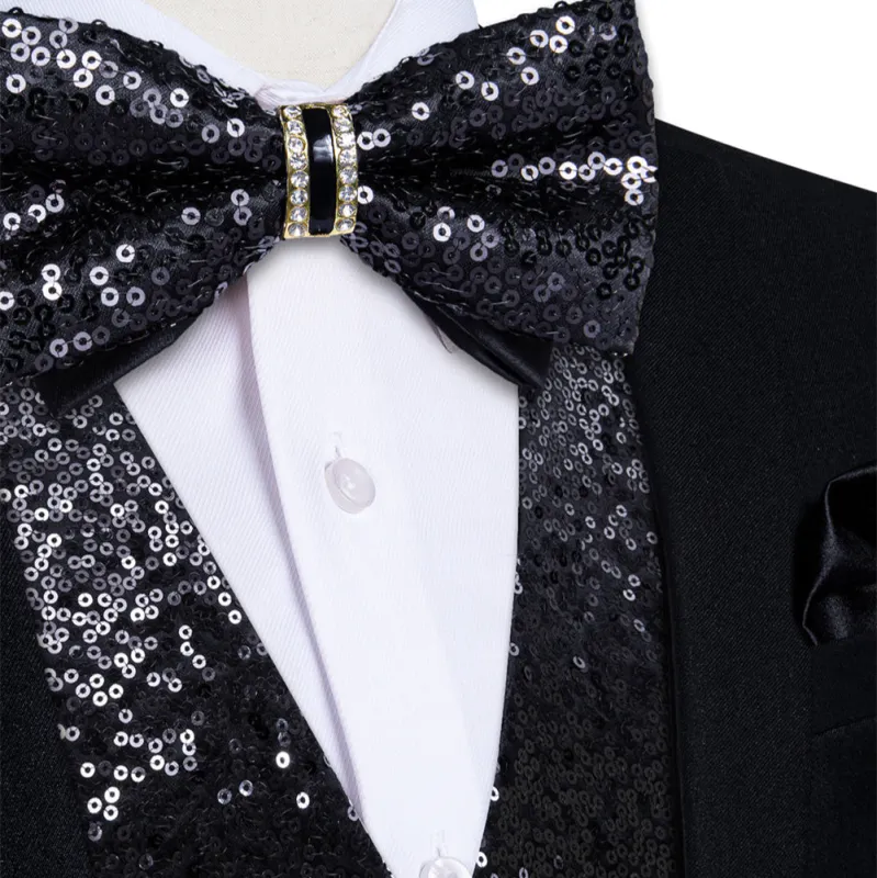 Ties2you Black Sequins Silk Men's Vest Hanky Cufflinks Bowtie Set sold by Ties2You