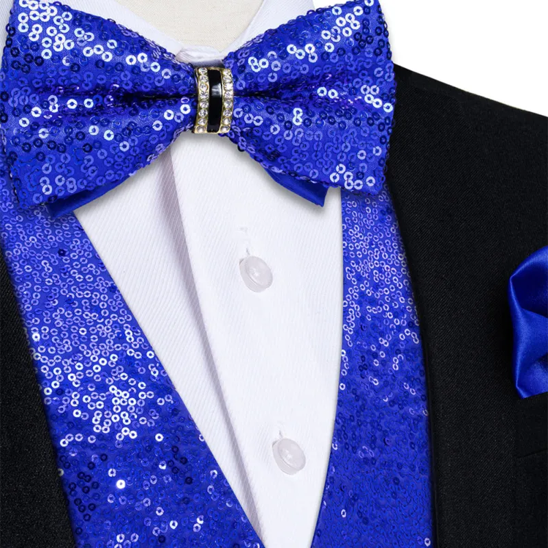 Ties2you Sapphire Blue Sequins Silk Men's Vest Hanky Cufflinks Bowtie Set sold by Ties2You