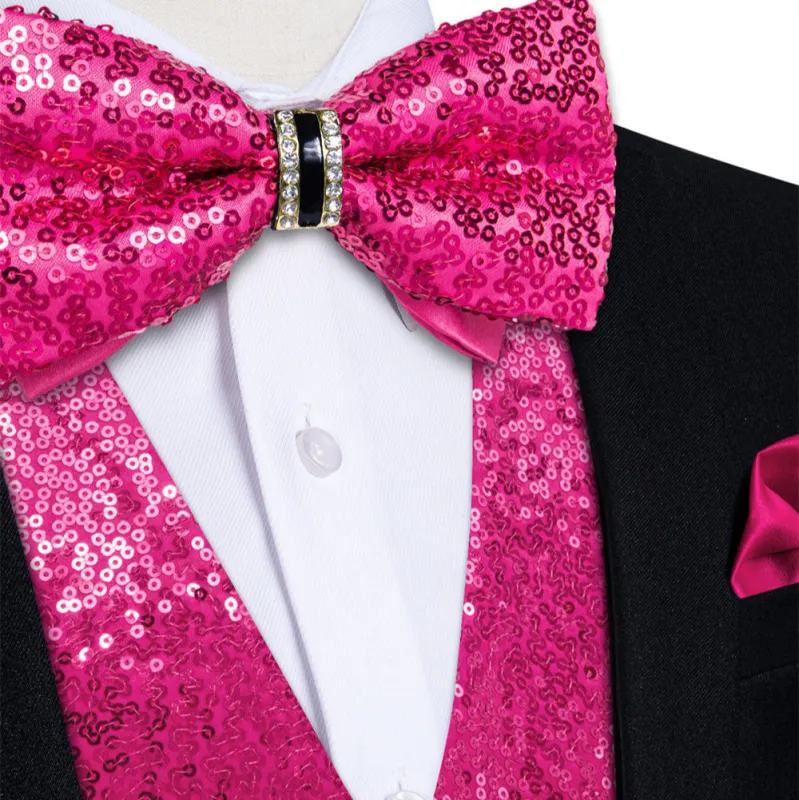 Ties2you Deep Pink Sequins Silk Men's Vest Hanky Cufflinks Bowtie Set made by Ties2You