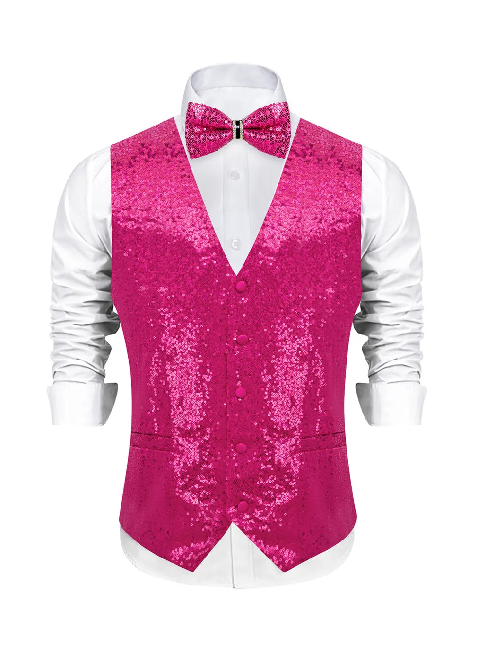 Ties2you Deep Pink Sequins Silk Men's Vest Hanky Cufflinks Bowtie Set sold by Ties2You product image thumbnail 2