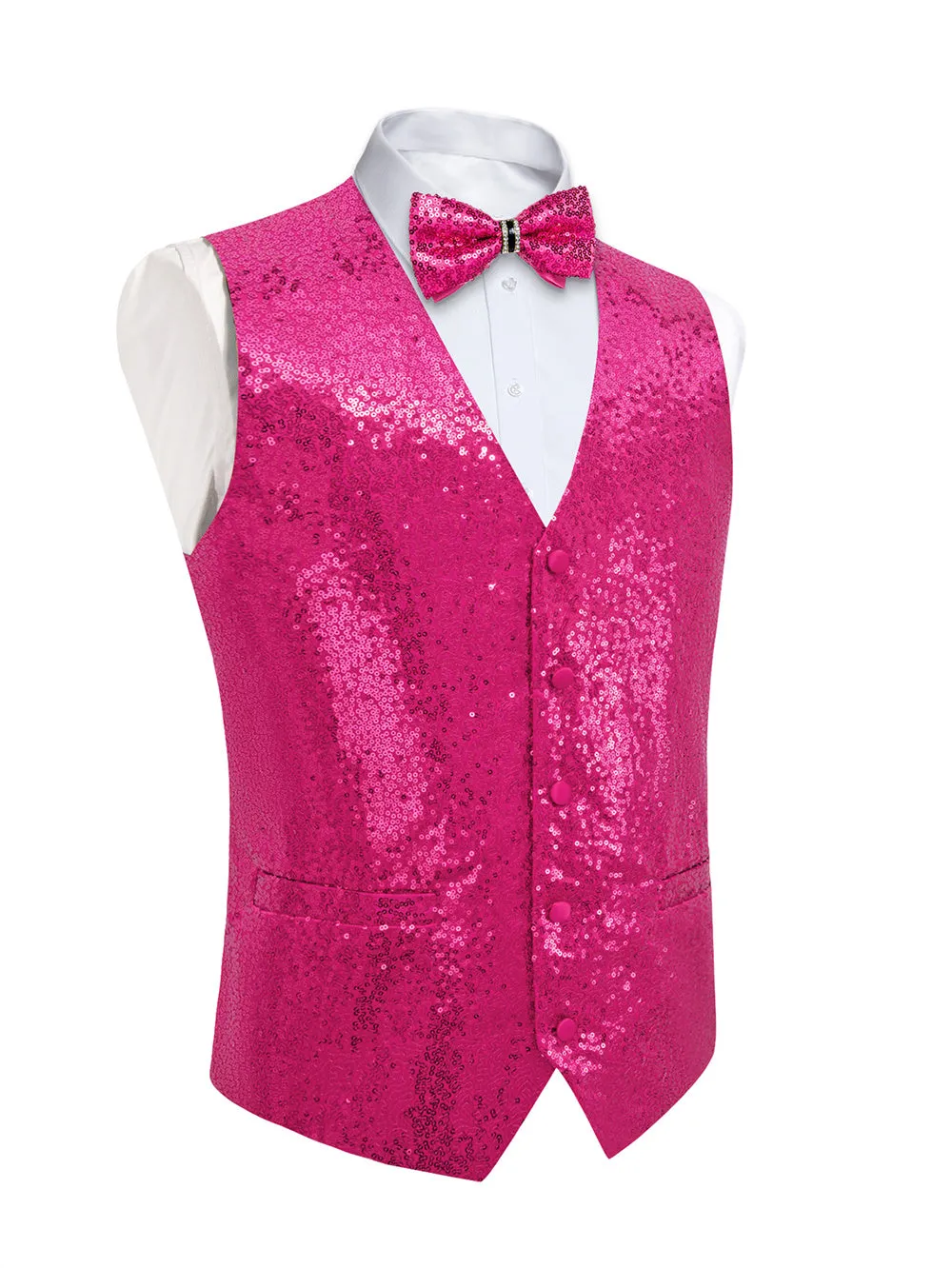 Ties2you Deep Pink Sequins Silk Men's Vest Hanky Cufflinks Bowtie Set sold by Ties2You product image thumbnail 3