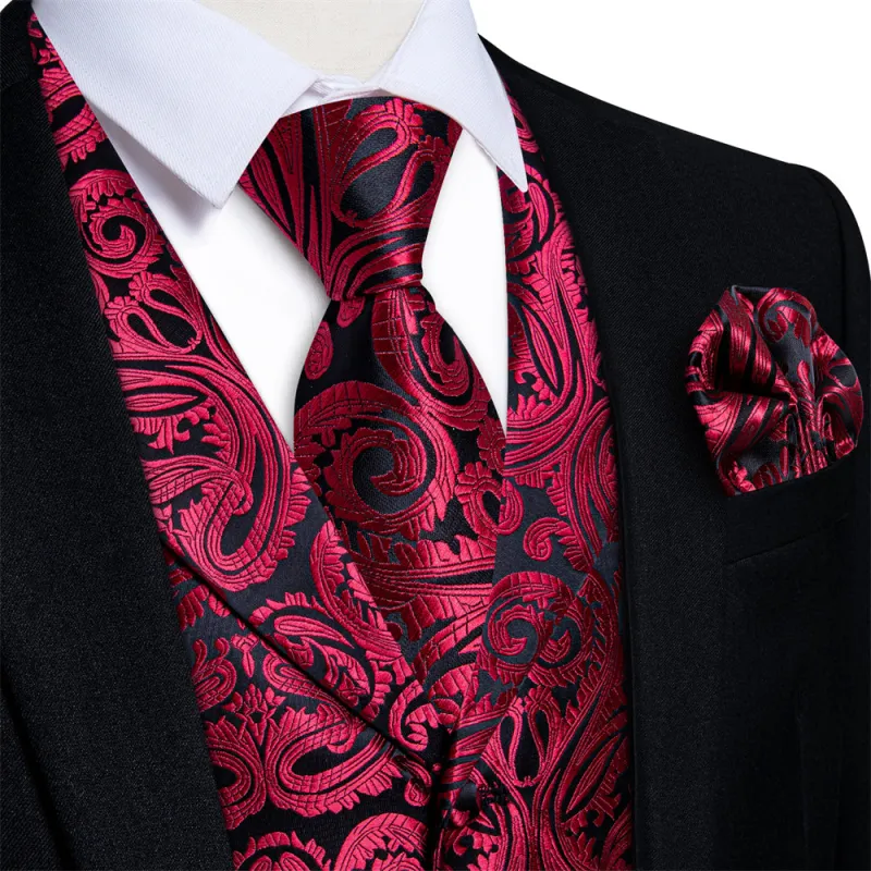 Ties2you Black Burgundy Paisley Jacquard Men's Collar Vest Tie Set made by Ties2You