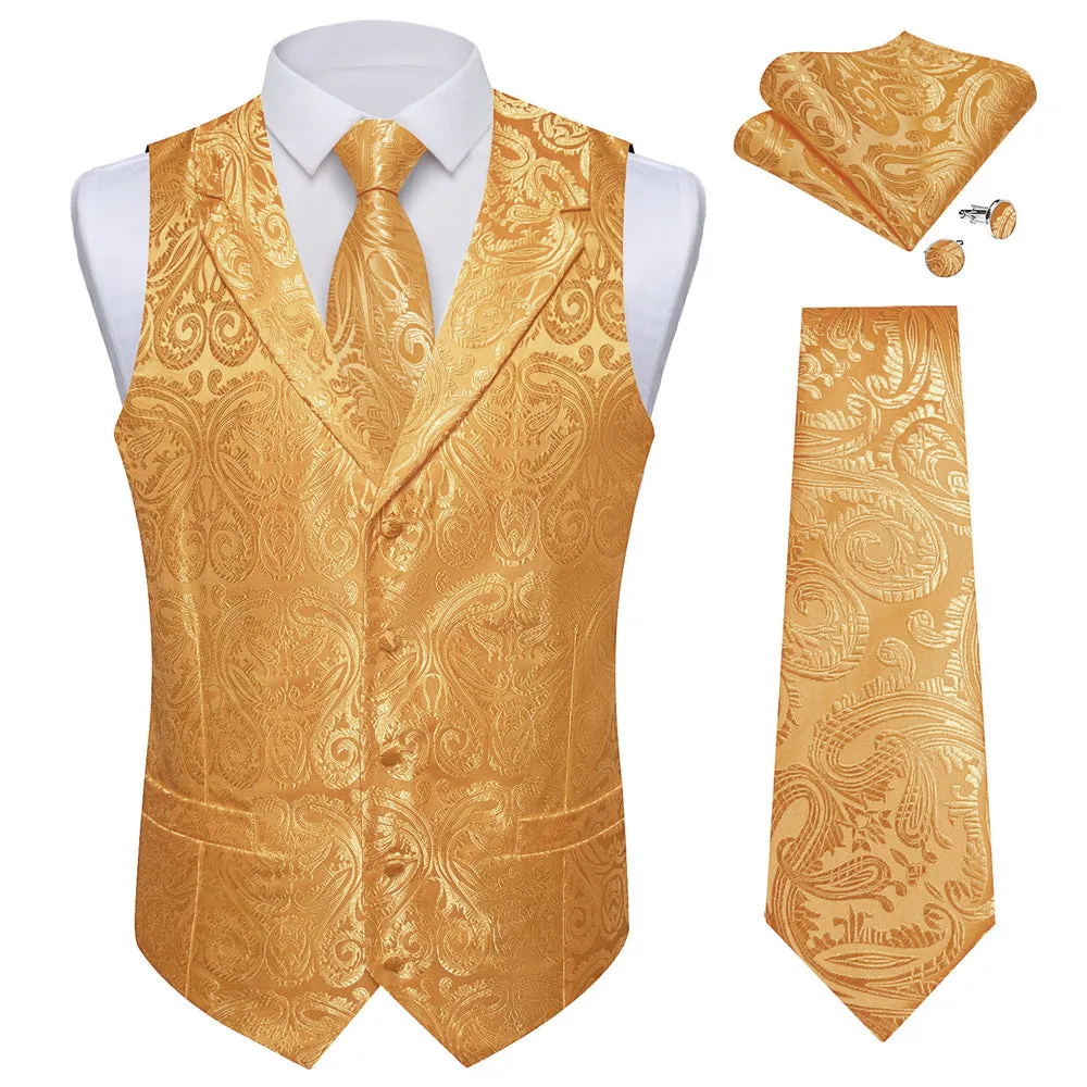 Ties2you Gold Silk Tuexdo Waistcoat Paisley Collar Formal Vest Tie Hanky Cufflinks Set sold by Ties2You product image thumbnail 3