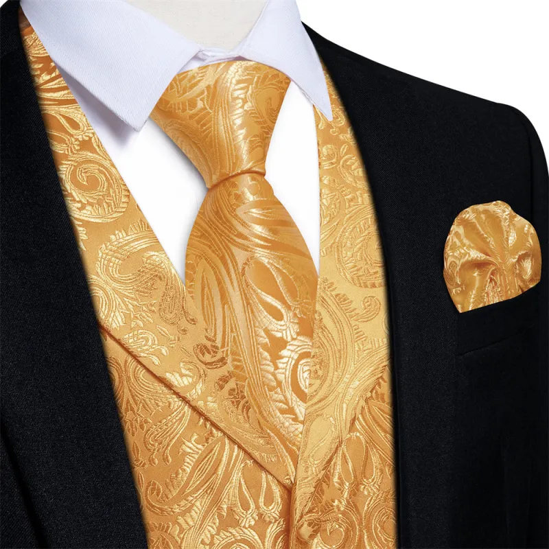 Ties2you Gold Silk Tuexdo Waistcoat Paisley Collar Formal Vest Tie Hanky Cufflinks Set sold by Ties2You