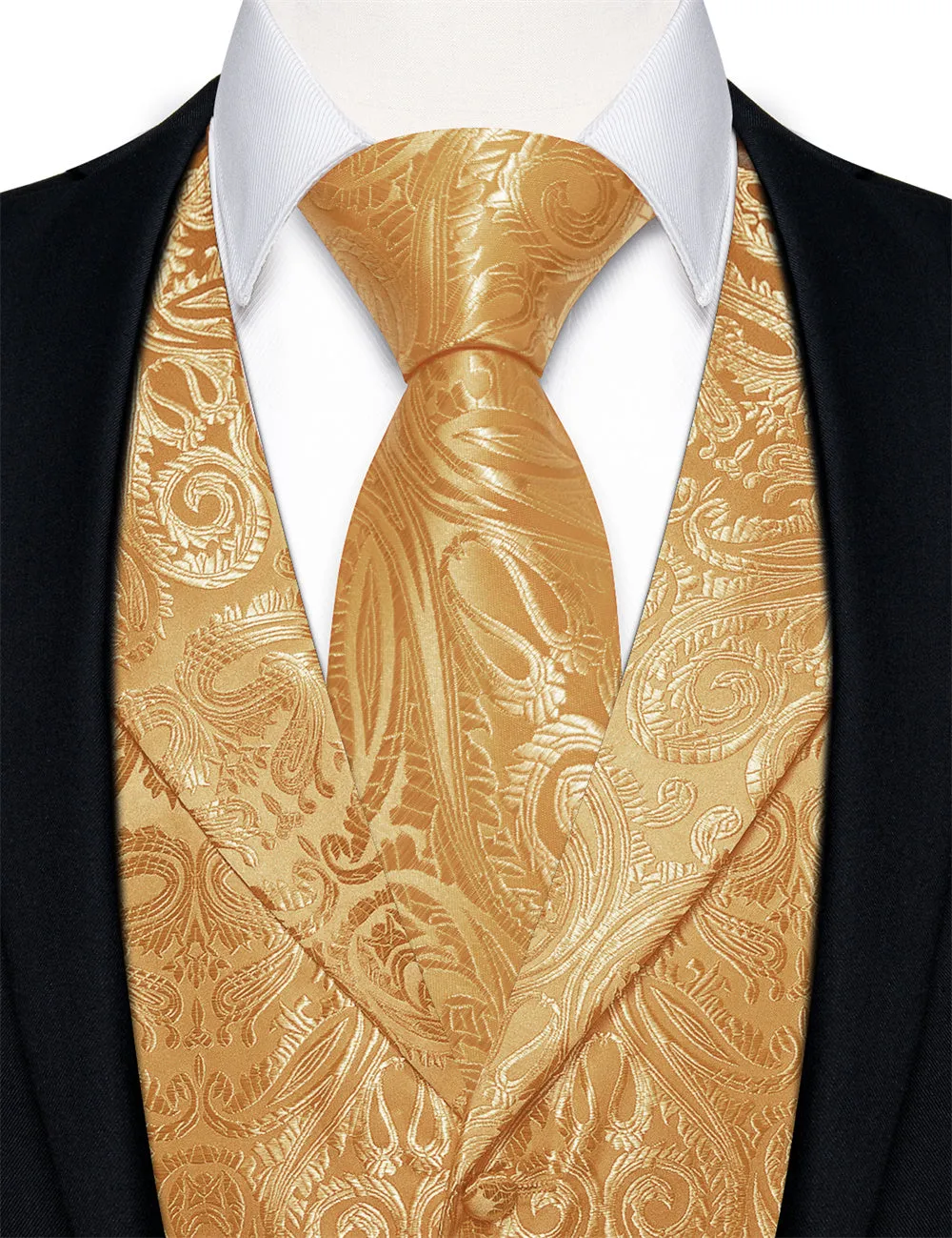 Ties2you Gold Silk Tuexdo Waistcoat Paisley Collar Formal Vest Tie Hanky Cufflinks Set sold by Ties2You product image thumbnail 2