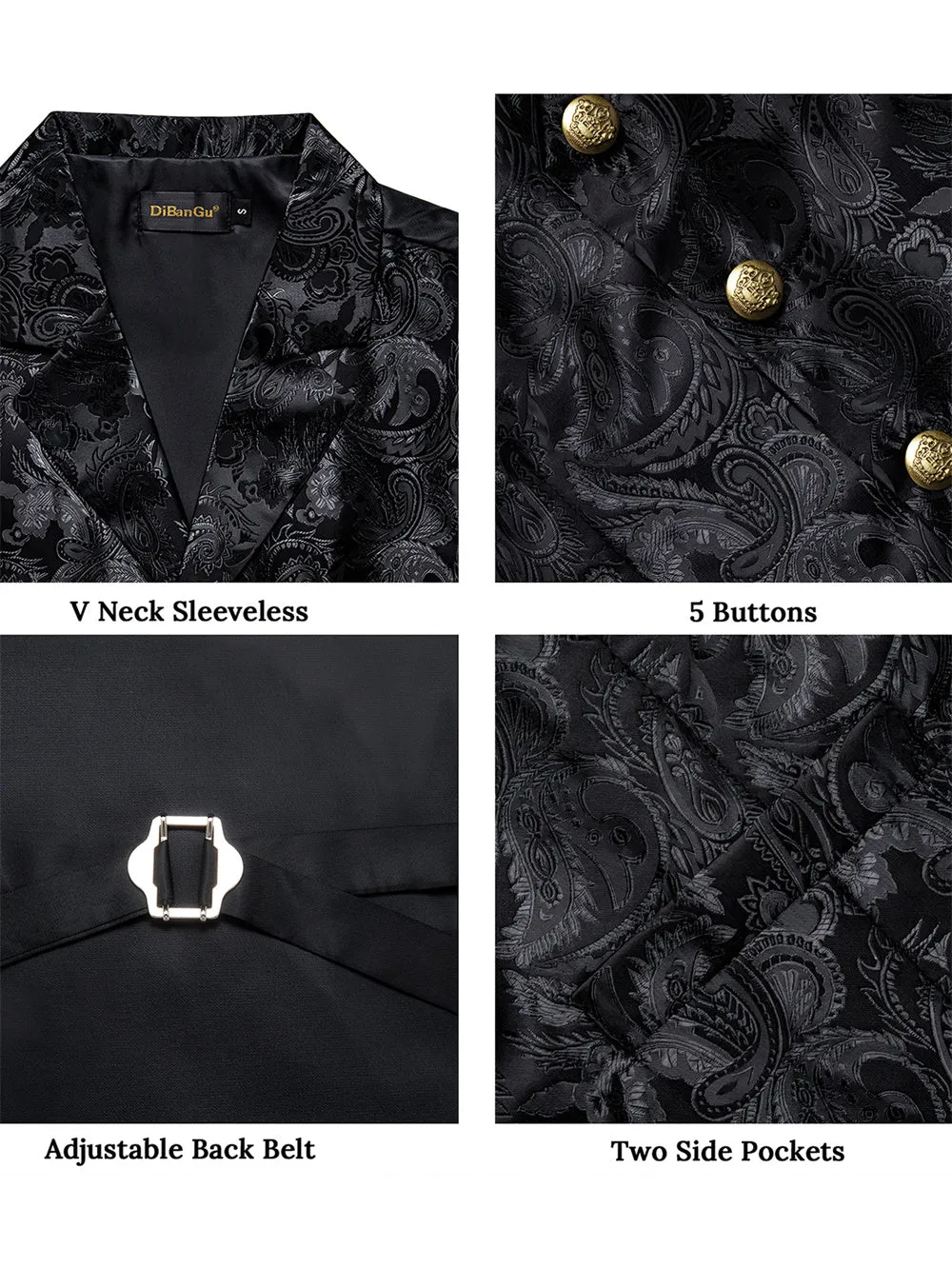 Ties2you Black Paisley Jacquard Men's Collar Victorian Vest Tie Set sold by Ties2You product image thumbnail 4