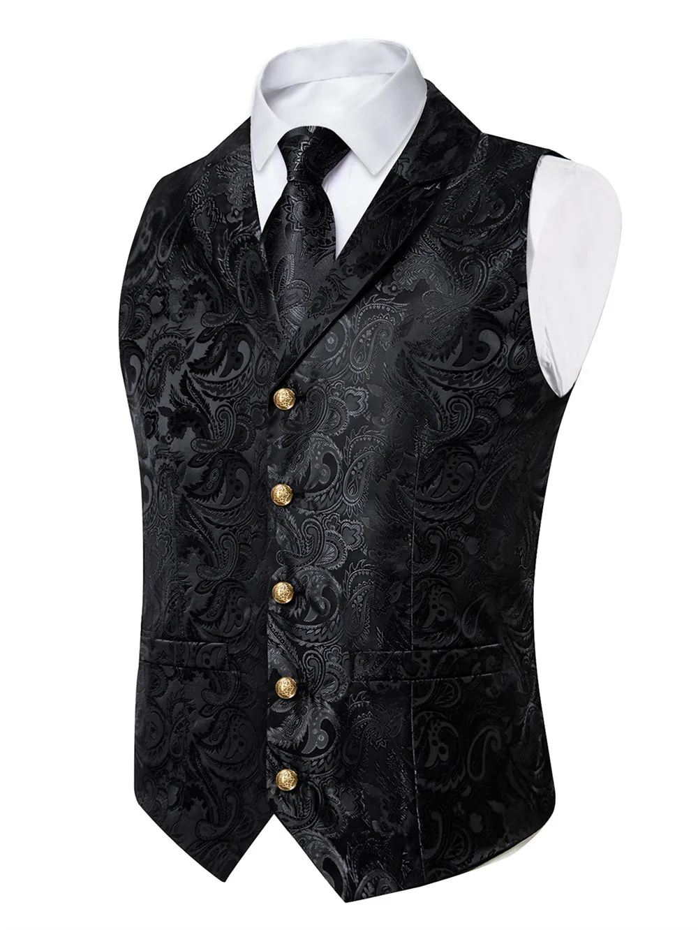 Ties2you Black Paisley Jacquard Men's Collar Victorian Vest Tie Set sold by Ties2You product image thumbnail 3