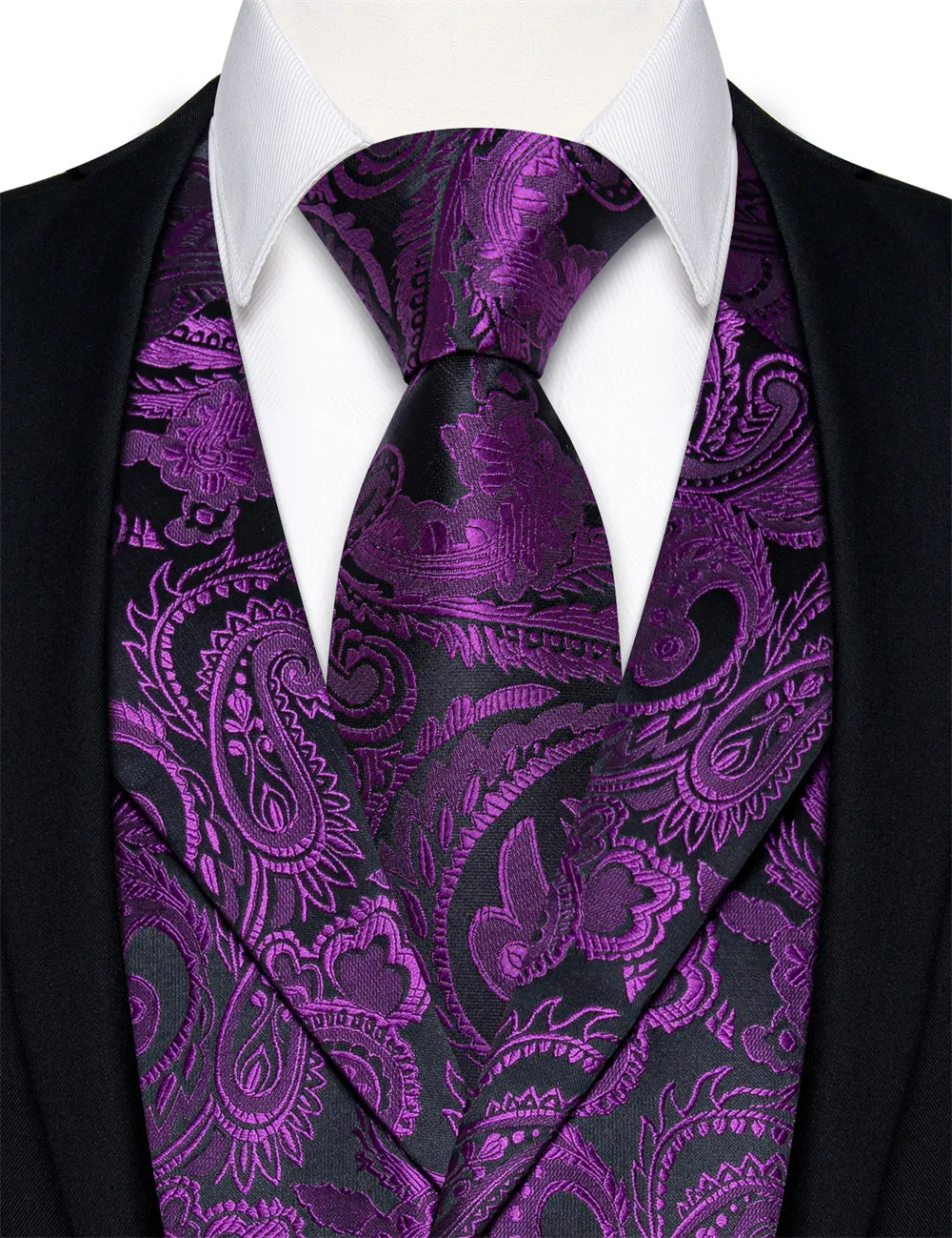 Ties2you Black Purple Paisley Jacquard Men's Collar Victorian Vest Tie Set sold by Ties2You product image thumbnail 2