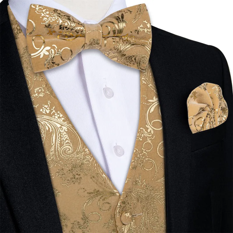 Tie2you Velvet Vest Champagne Paisley V-Neck Mens Vest Bowtie Set sold by Ties2You