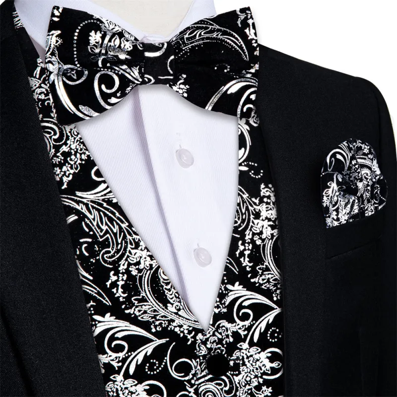 Tie2you Velvet Vest Black Silver Paisley V-Neck Mens Vest Bowtie Set sold by Ties2You