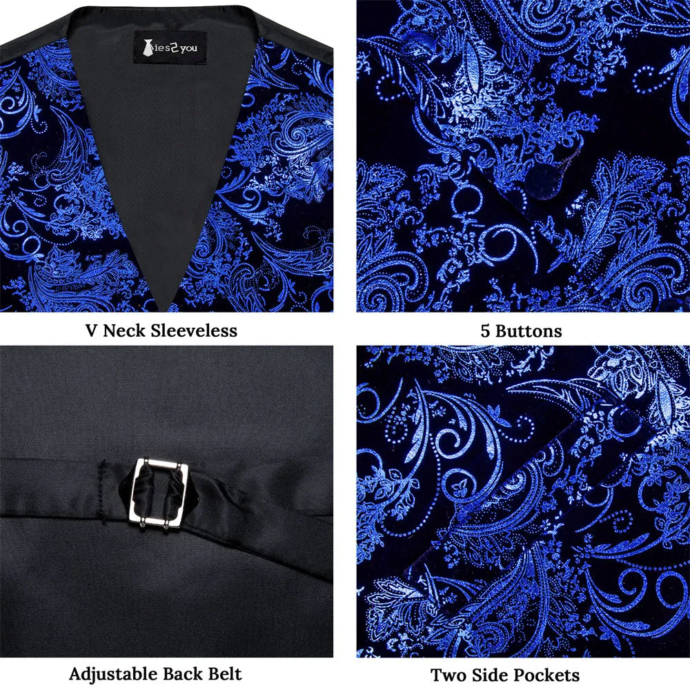 Tie2you Velvet Vest Black Blue Paisley V-Neck Mens Vest Bowtie Set sold by Ties2You product image thumbnail 5