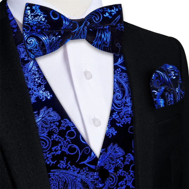 Tie2you Velvet Vest Black Blue Paisley V-Neck Mens Vest Bowtie Set sold by Ties2You