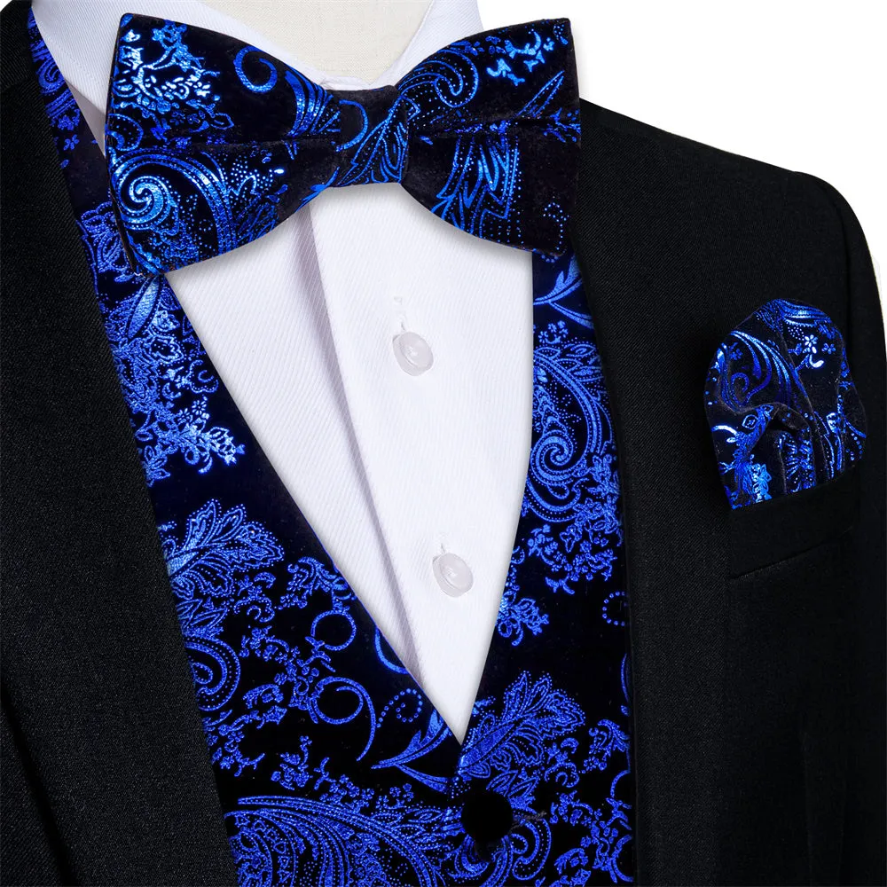 Tie2you Velvet Vest Black Blue Paisley V-Neck Mens Vest Bowtie Set sold by Ties2You