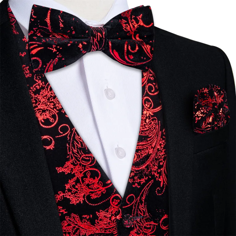 Tie2you Velvet Vest Black Red Paisley V-Neck Mens Vest Bowtie Set made by Ties2You
