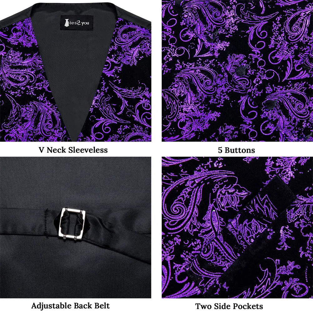 Tie2you Velvet Vest Black Purple Paisley V-Neck Mens Vest Bowtie Set sold by Ties2You product image thumbnail 2