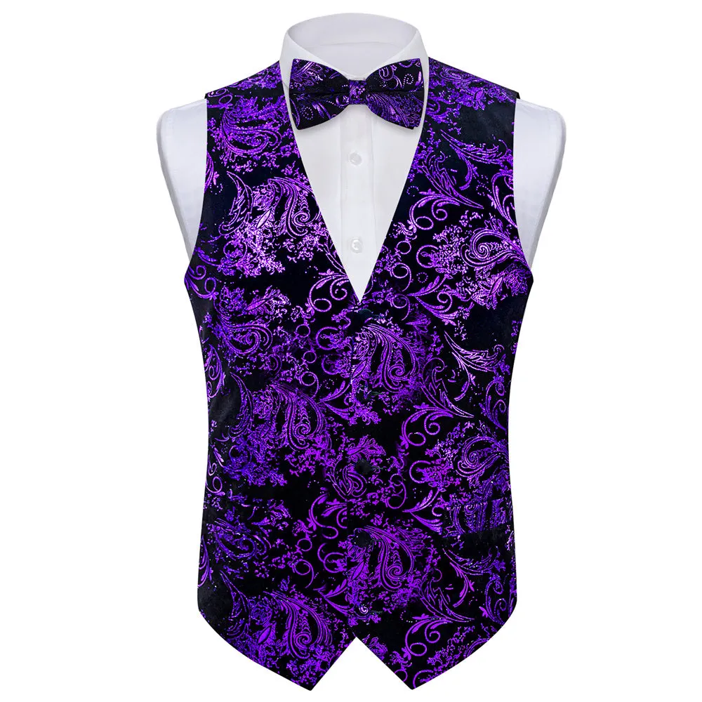 Tie2you Velvet Vest Black Purple Paisley V-Neck Mens Vest Bowtie Set sold by Ties2You product image thumbnail 4
