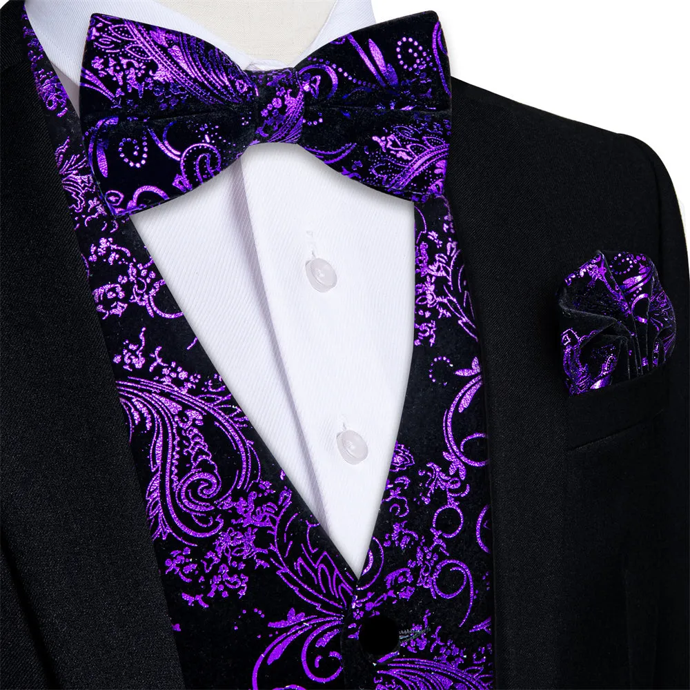 Tie2you Velvet Vest Black Purple Paisley V-Neck Mens Vest Bowtie Set sold by Ties2You