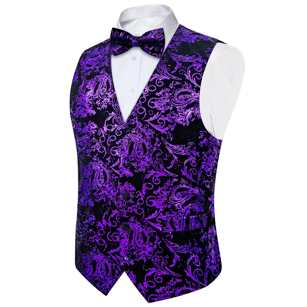 Tie2you Velvet Vest Black Purple Paisley V-Neck Mens Vest Bowtie Set sold by Ties2You product image thumbnail 3
