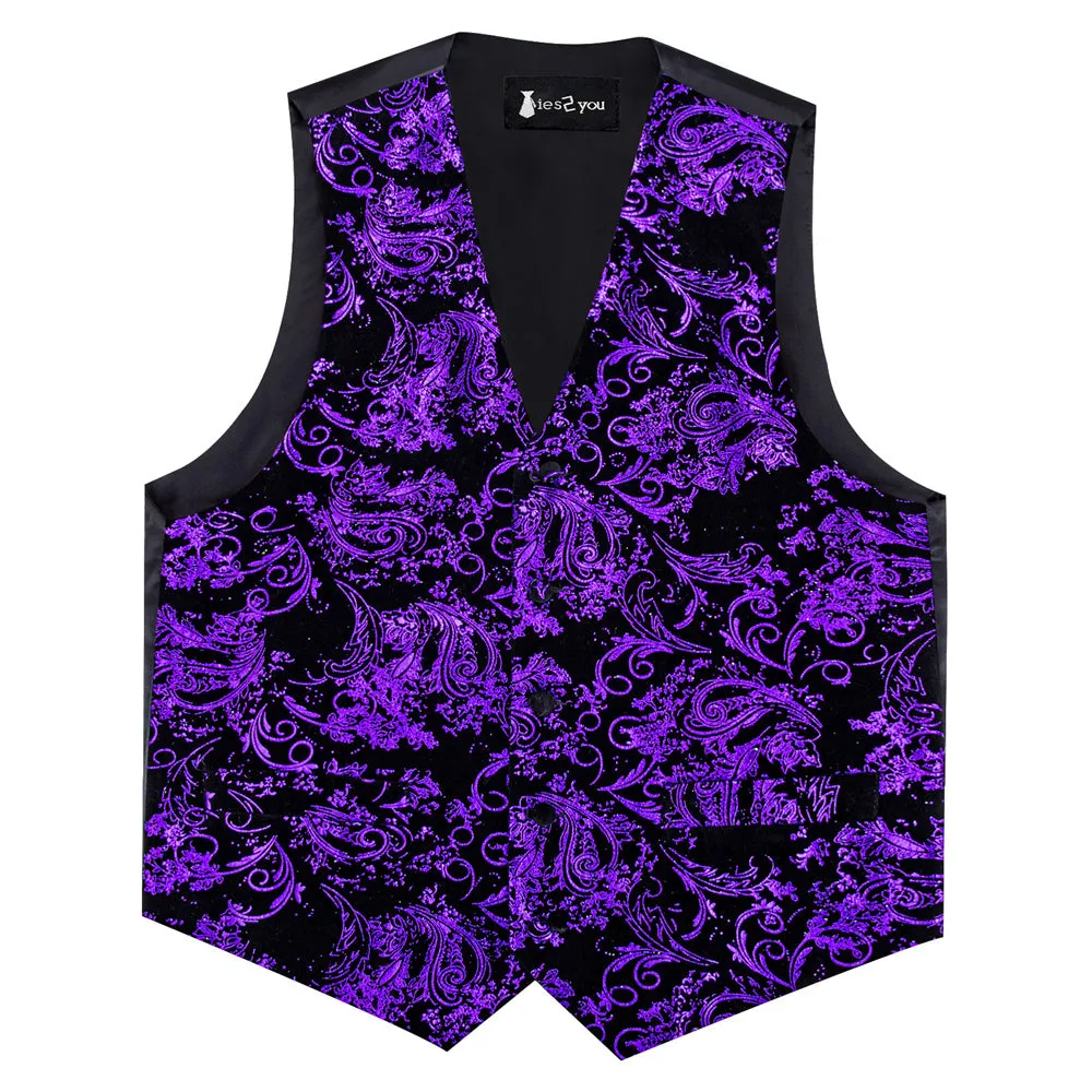 Tie2you Velvet Vest Black Purple Paisley V-Neck Mens Vest Bowtie Set sold by Ties2You product image thumbnail 5