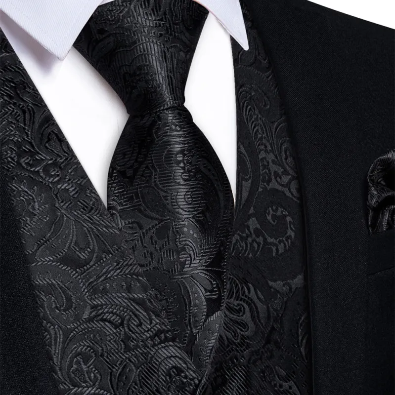 Ties2you Mens Waistcoat Black Paisley V-Neck Silk Men's Vest Tie Set sold by Ties2You