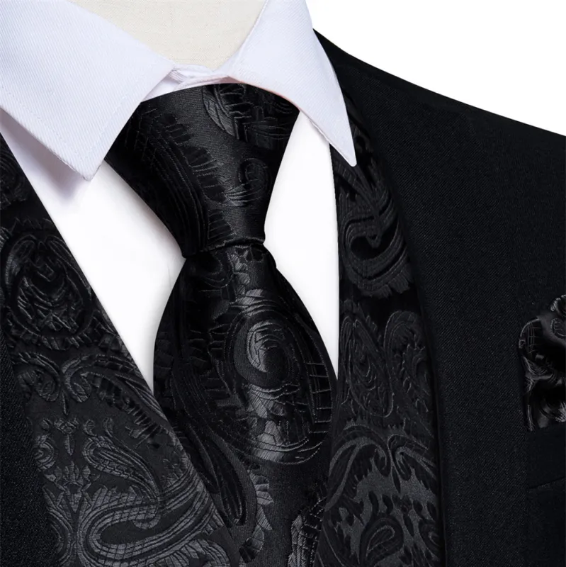 Ties2you Black Paisley V-Neck Silk Men's Vest Tie Set sold by Ties2You