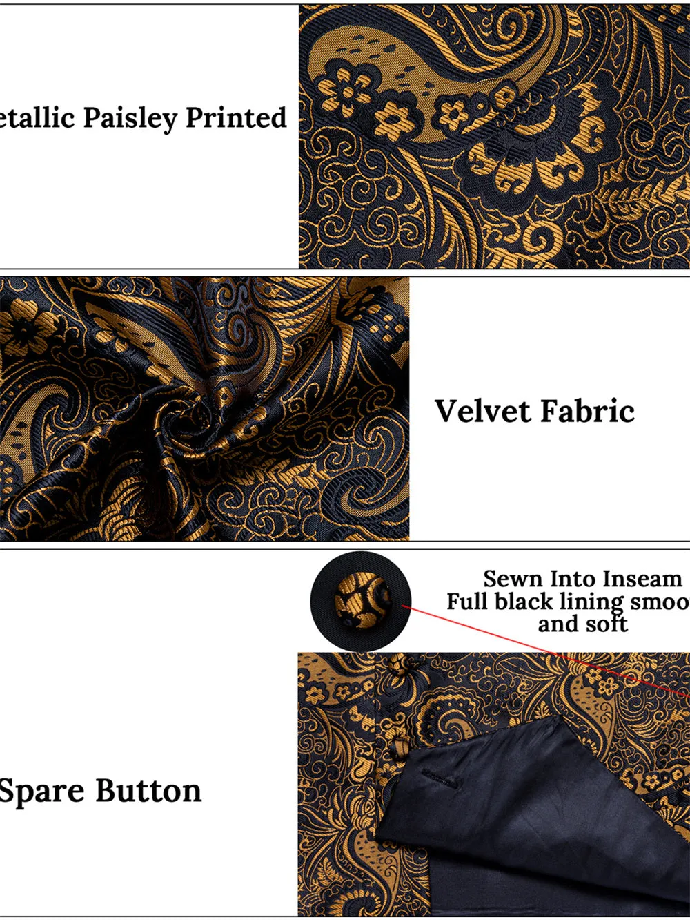 Ties2you Black Gold Paisley V-Neck Silk Mens Vest Bowtie Hanky Cufflinks Set sold by Ties2You product image thumbnail 2