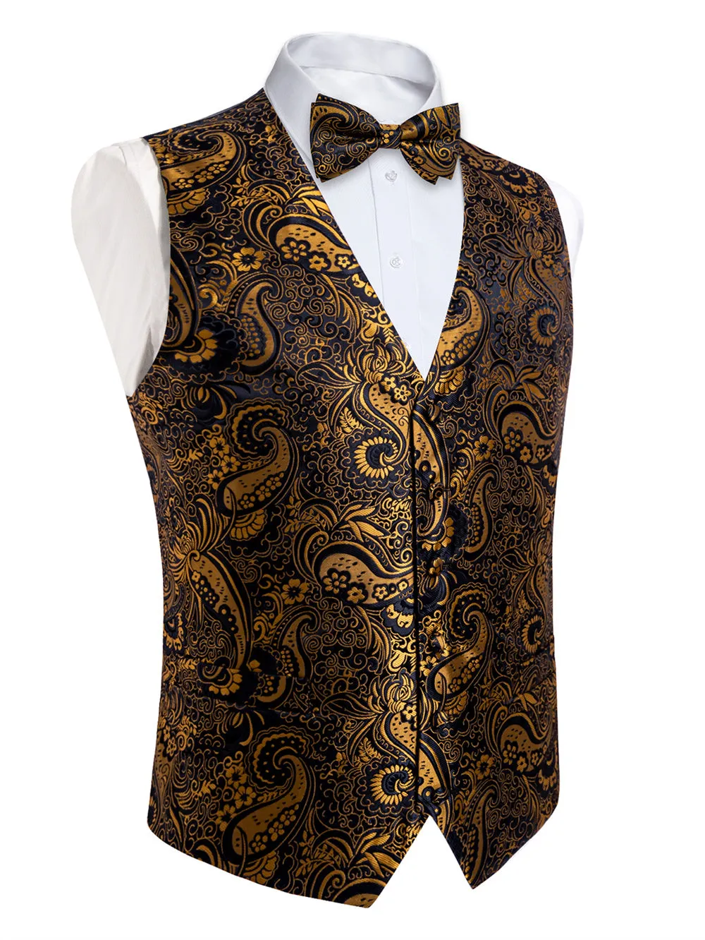 Ties2you Black Gold Paisley V-Neck Silk Mens Vest Bowtie Hanky Cufflinks Set sold by Ties2You product image thumbnail 5