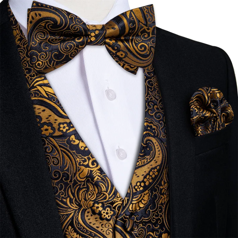 Ties2you Black Gold Paisley V-Neck Silk Mens Vest Bowtie Hanky Cufflinks Set made by Ties2You
