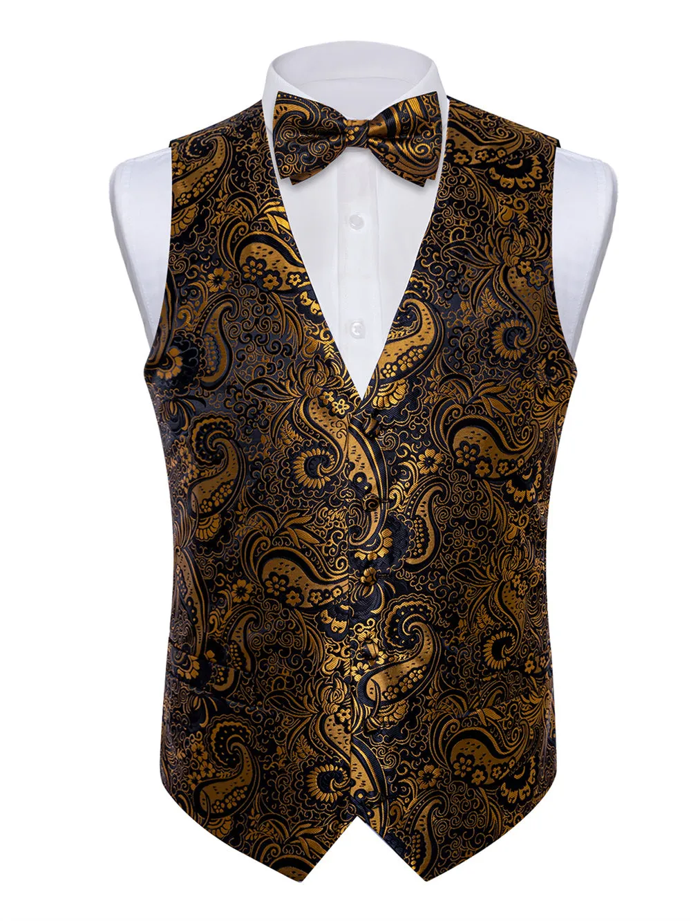 Ties2you Black Gold Paisley V-Neck Silk Mens Vest Bowtie Hanky Cufflinks Set sold by Ties2You product image thumbnail 4