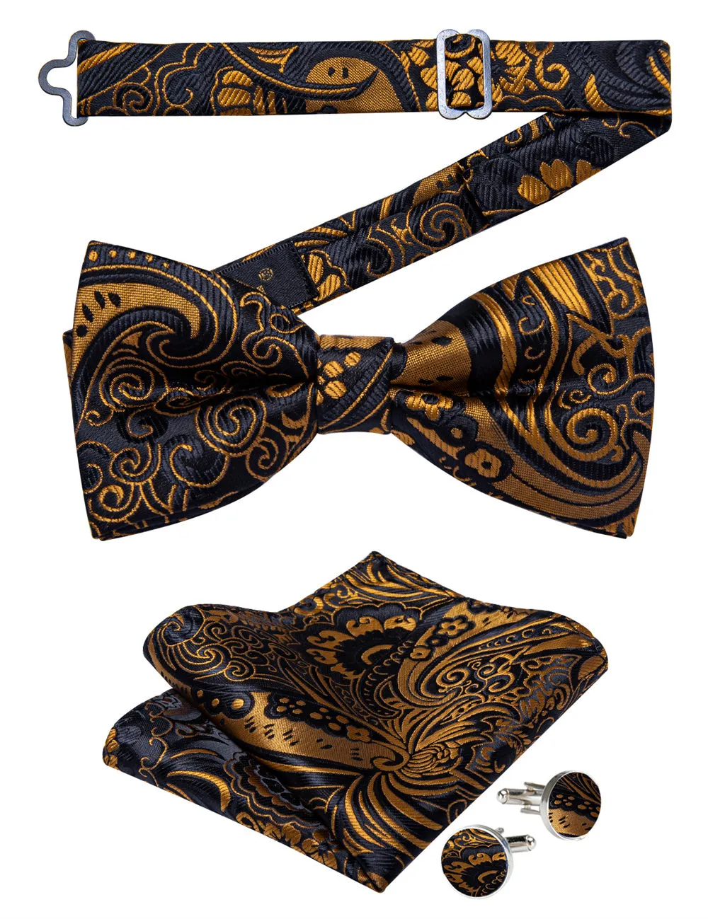 Ties2you Black Gold Paisley V-Neck Silk Mens Vest Bowtie Hanky Cufflinks Set sold by Ties2You product image thumbnail 3