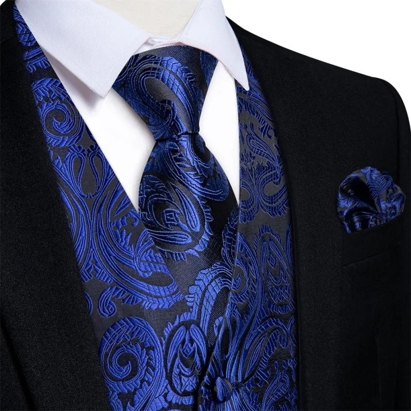 Ties2you Dark Midnight-Blue Paisley V-Neck Silk Mens Vest Necktie Hanky Cufflinks Set sold by Ties2You