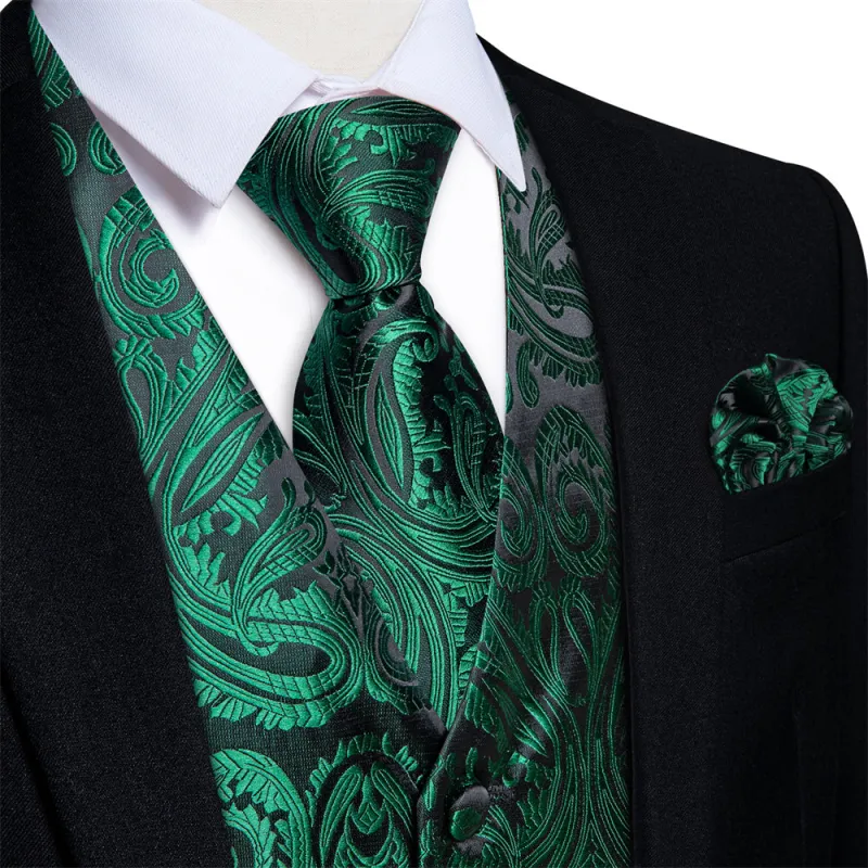 Ties2you Dark Green Paisley V-Neck Silk Mens Vest Necktie Hanky Cufflinks Set made by Ties2You