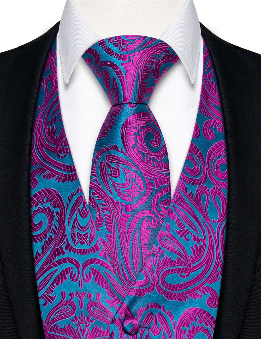 Ties2you Teal Purple Paisley V-Neck Silk Mens Vest Necktie Hanky Cufflinks Set sold by Ties2You product image thumbnail 2