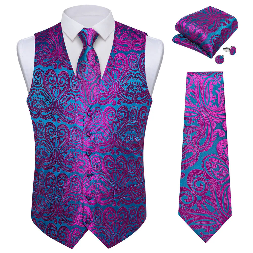 Ties2you Teal Purple Paisley V-Neck Silk Mens Vest Necktie Hanky Cufflinks Set sold by Ties2You product image thumbnail 3