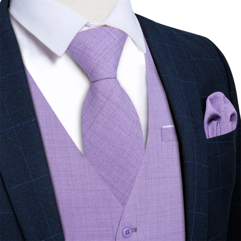 Ties2you Light Purple Solid V-Neck Silk Men's Vest Hanky Cufflinks Tie Set sold by Ties2You