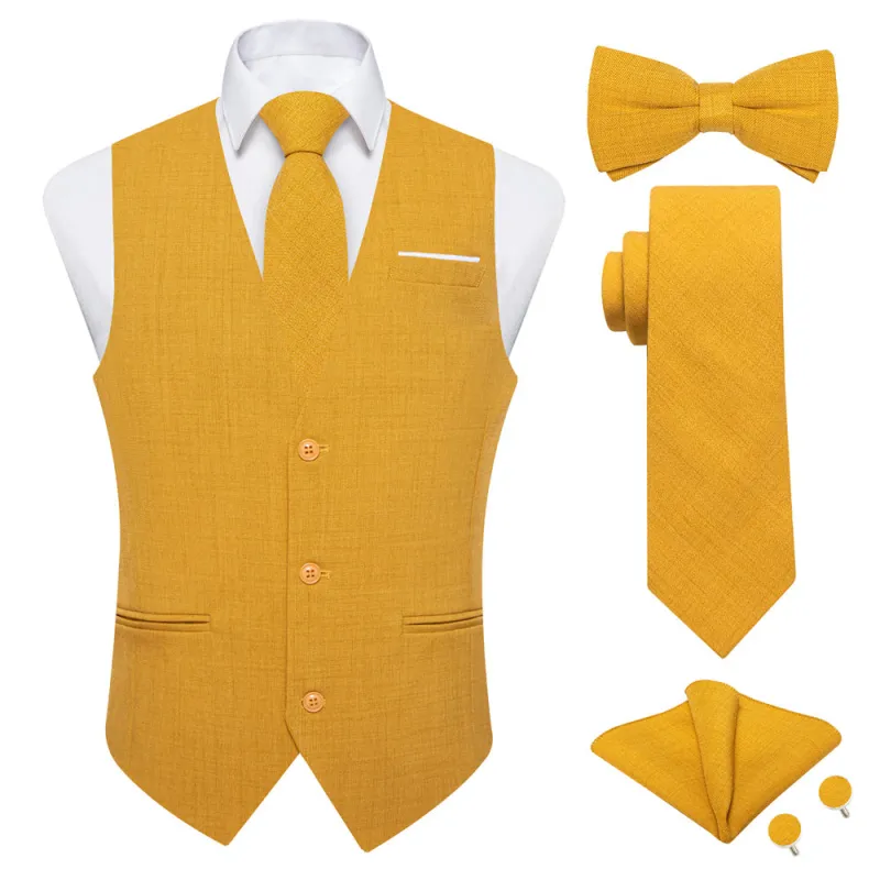 Ties2you Yellow Solid V-Neck Silk Men's Vest Hanky Cufflinks Tie Set sold by Ties2You