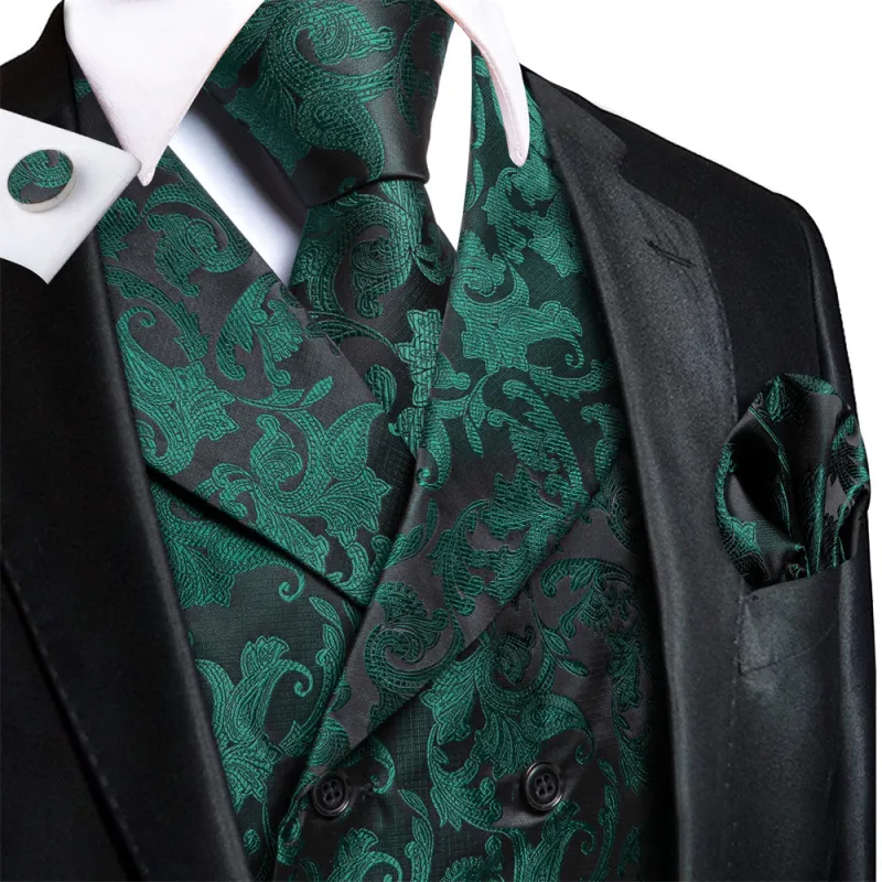 Ties2you Black Dark Green Double Breasted Silk Mens Vest Hanky Cufflinks Tie Set sold by Ties2You