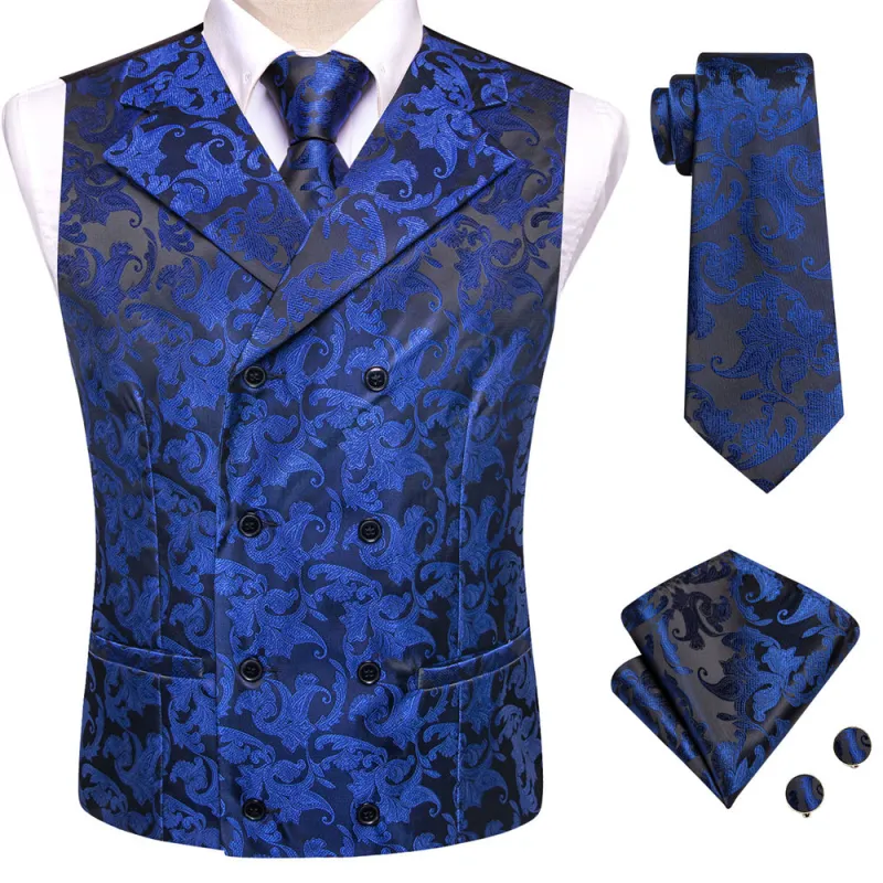 Ties2you Black Navy Blue Double Breasted Silk Mens Vest Hanky Cufflinks Tie Set sold by Ties2You