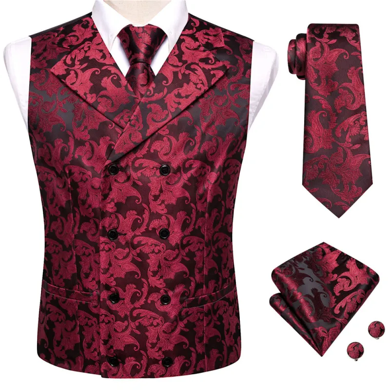 Ties2you Burgundy Floral Double Breasted Silk Mens Vest Hanky Cufflinks Tie Set made by Ties2You