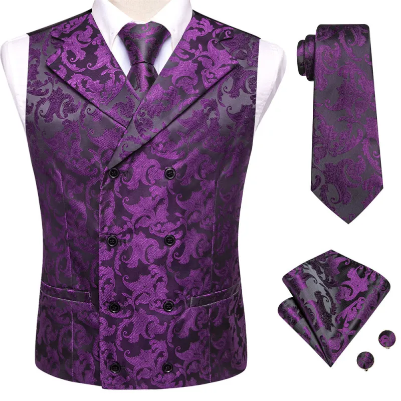 Ties2you Black Purple Floral Double Breasted Silk Mens Vest Hanky Cufflinks Tie Set sold by Ties2You
