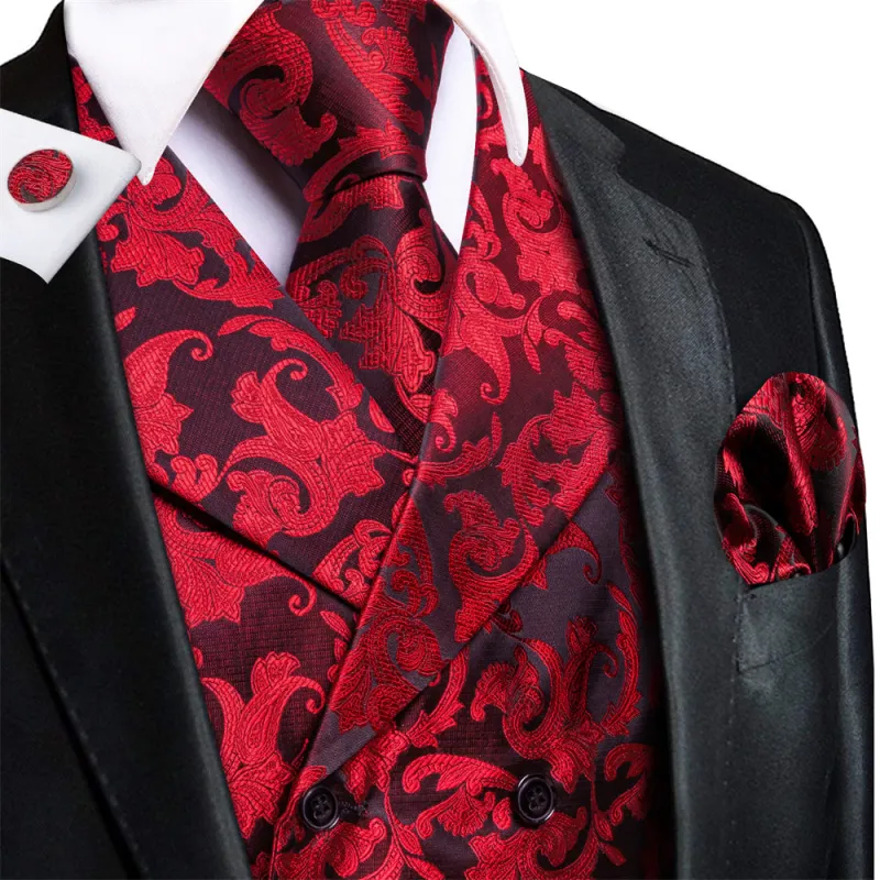 Ties2you Black Red Floral Double Breasted Silk Mens Vest Hanky Cufflinks Tie Set made by Ties2You
