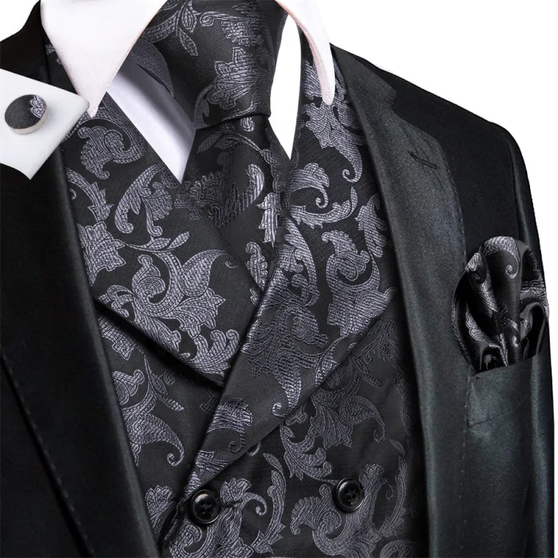 Ties2you Black Silver Floral Double Breasted Silk Mens Vest Hanky Cufflinks Tie Set sold by Ties2You