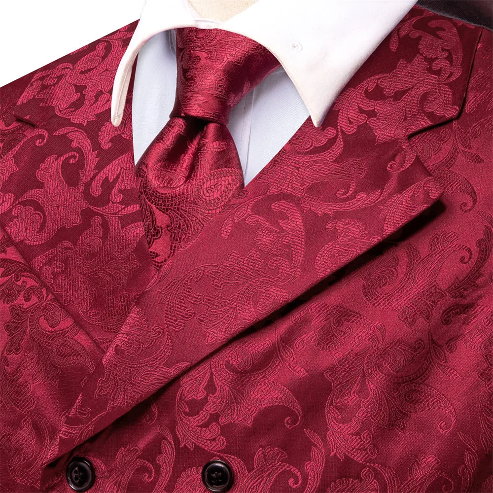 Ties2you Burgundy Floral Double Breasted Silk Mens Vest Hanky Cufflinks Tie Set sold by Ties2You product image thumbnail 3