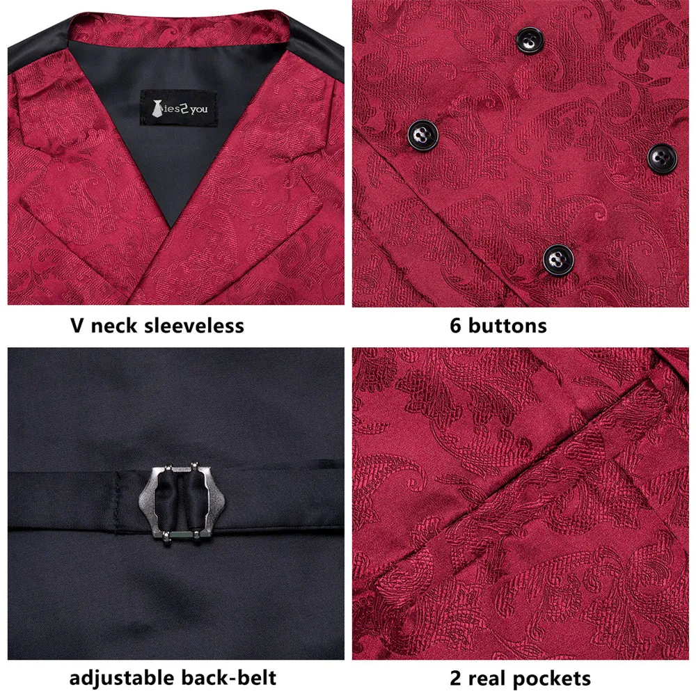 Ties2you Burgundy Floral Double Breasted Silk Mens Vest Hanky Cufflinks Tie Set sold by Ties2You product image thumbnail 4
