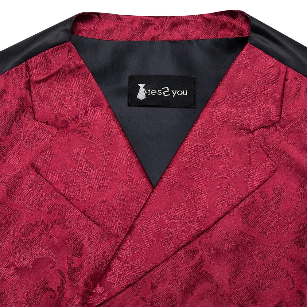 Ties2you Burgundy Floral Double Breasted Silk Mens Vest Hanky Cufflinks Tie Set sold by Ties2You product image thumbnail 5