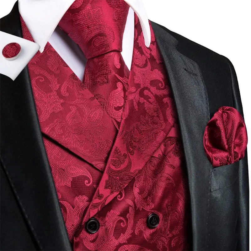 Ties2you Burgundy Floral Double Breasted Silk Mens Vest Hanky Cufflinks Tie Set sold by Ties2You